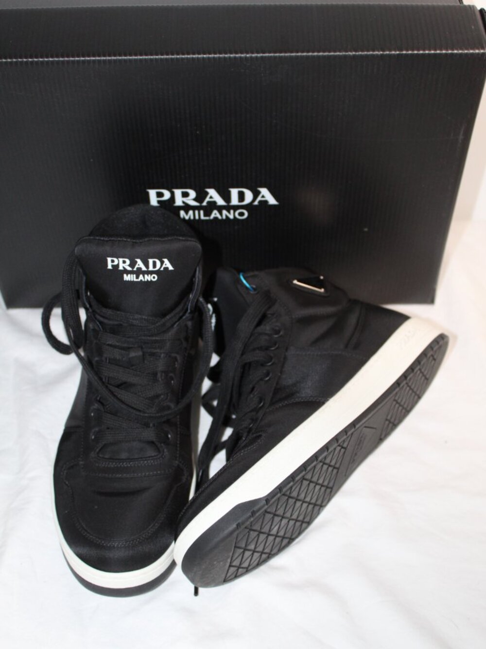 PRADA Hi Top Re-Nylon Black Trainers Sneakers Triangle Logo Mens 6.5 W 8 Eu 38.5
